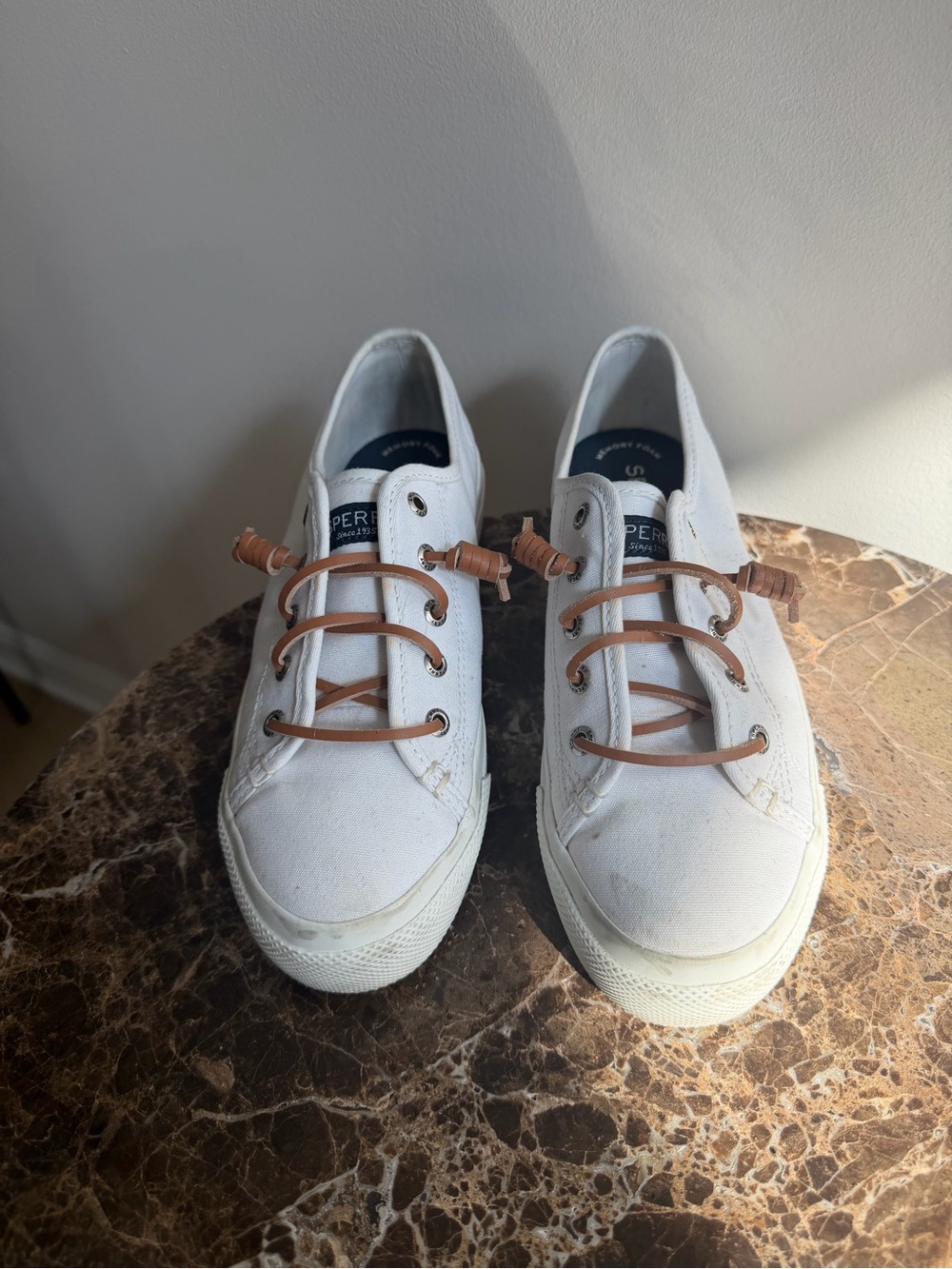 Sperry White Canvas Sneakers with Tan Laces
